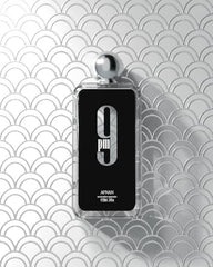 Afnan 9 PM for Men bottle base-notes patchouli amber vanilla for lasting finish.