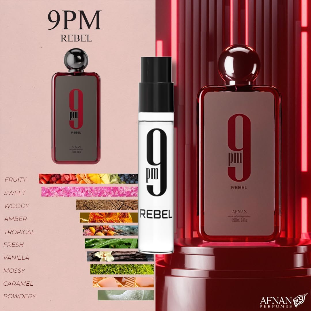 Afnan 9PM Men 2ml vial, confident evening aroma.