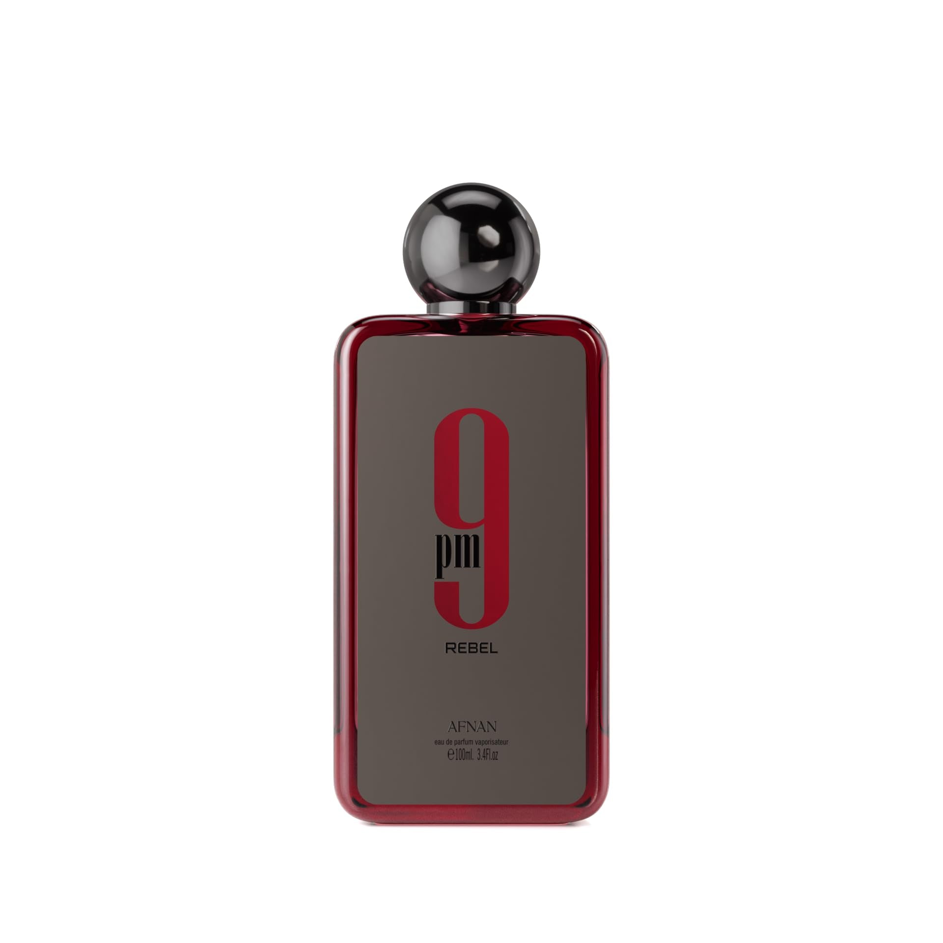 Afnan 9 PM Rebel bottle front view showing the premium fragrance centerpiece for evening wear.