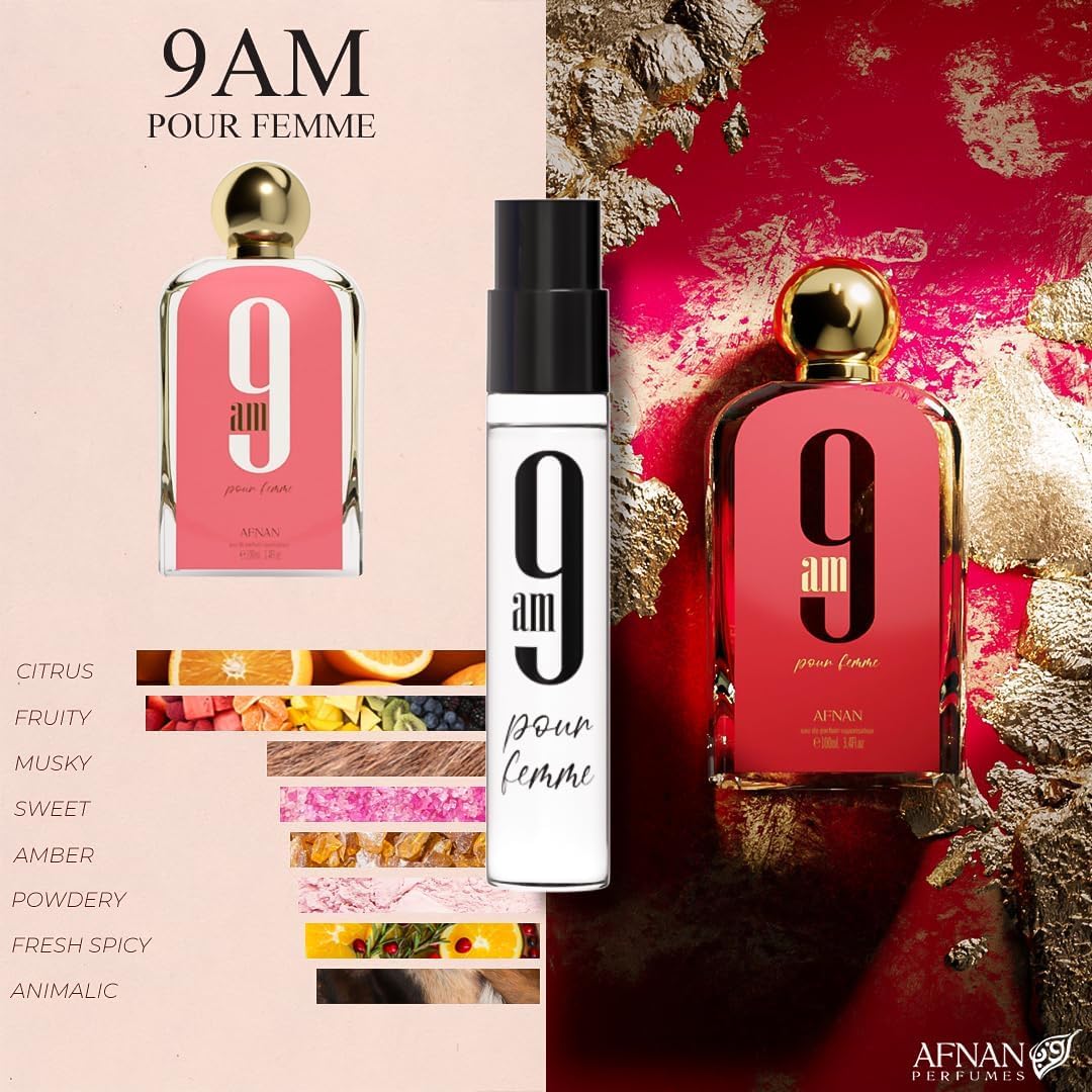 Afnan 9PM Women 2ml vial, luminous florals for evenings.