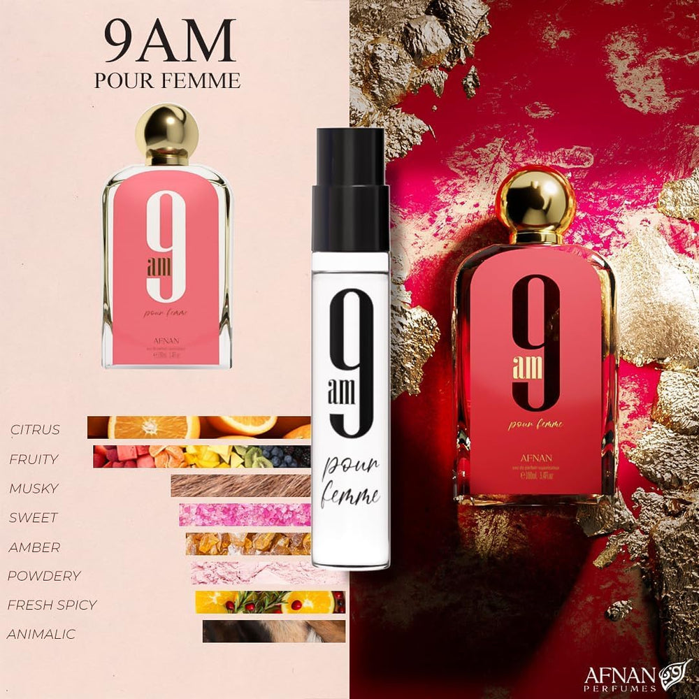Afnan 9PM Women 2ml vial, luminous florals for evenings.