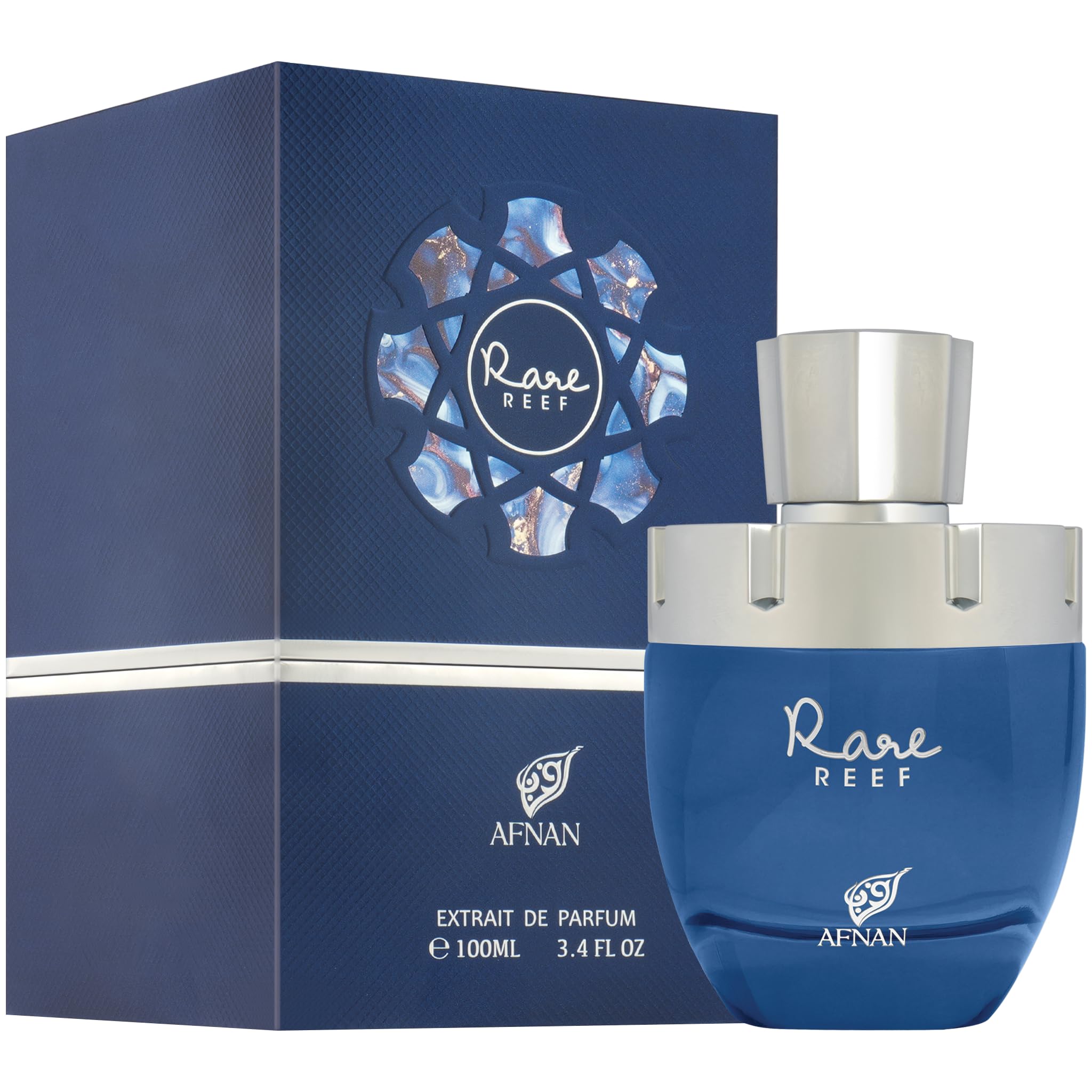 Afnan Rare Reef cap closeup reveals premium detailing and sleek bottle finish