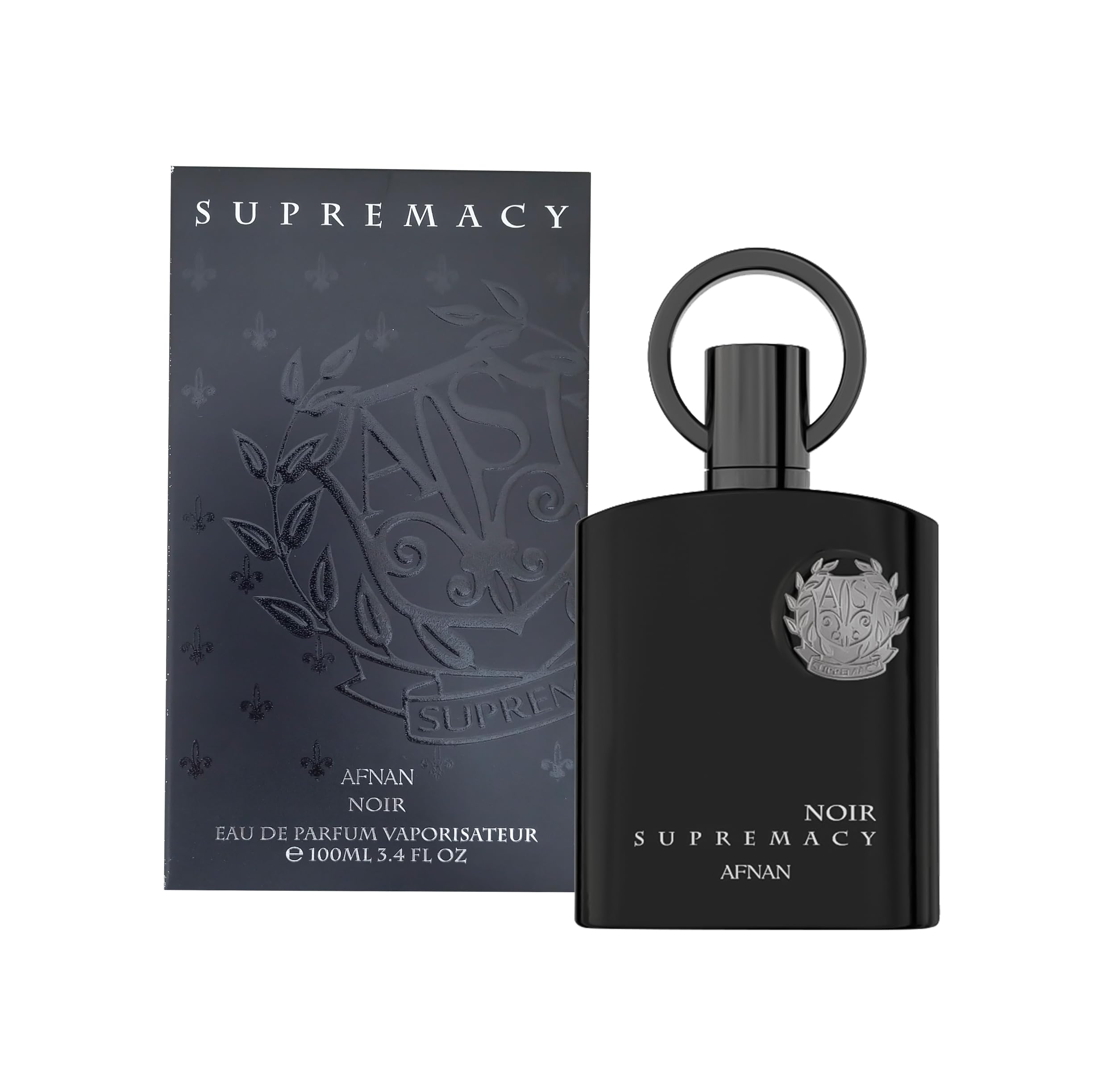 Afnan Supremacy Noir bottle front shows bold style for confident evenings