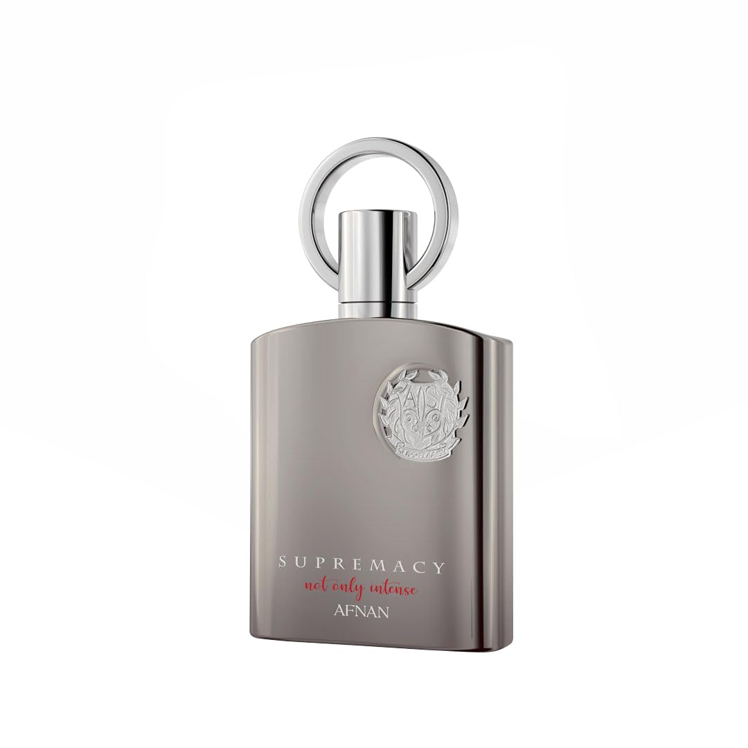 Afnan Supremacy Not Only Intense bottle close-up label highlights luxury branding for discerning users.