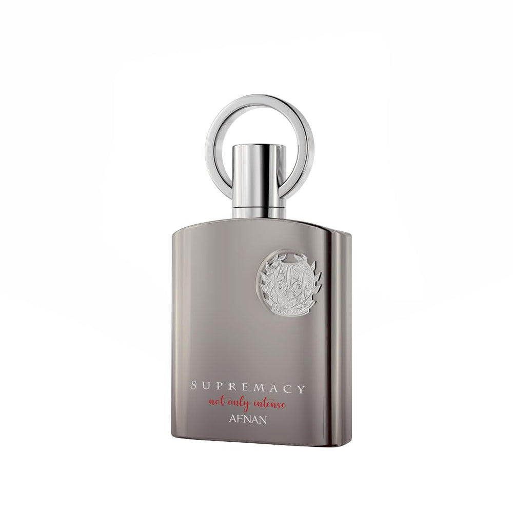 Afnan Supremacy Not Only Intense bottle close-up label highlights luxury branding for discerning users.
