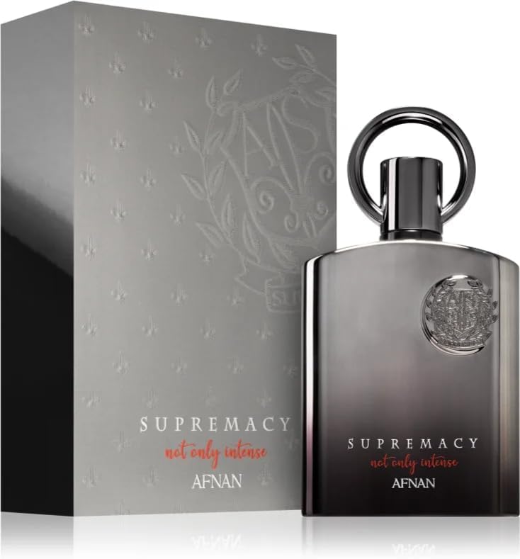 Afnan Supremacy Not Only Intense packaging box angled to convey gift-ready sophistication.