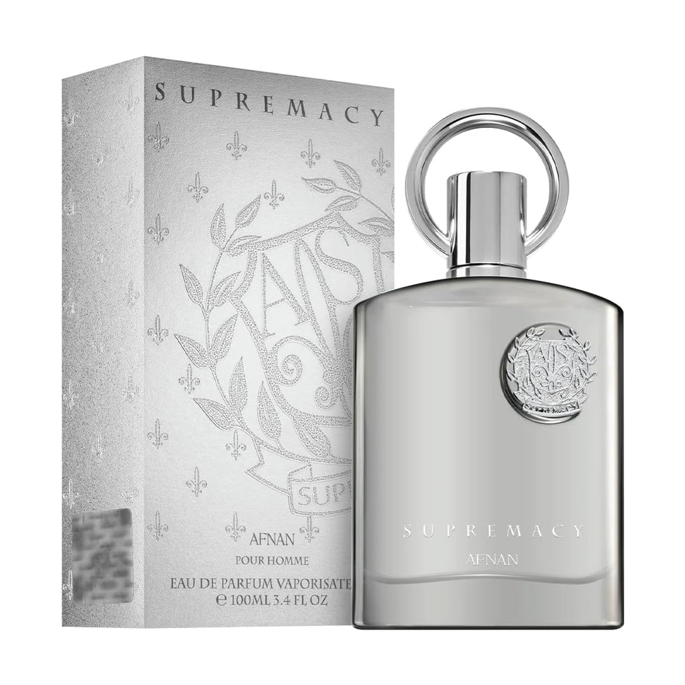 Afnan Supremacy Silver bottle cap close-up showing premium detailing for gift-ready appeal.