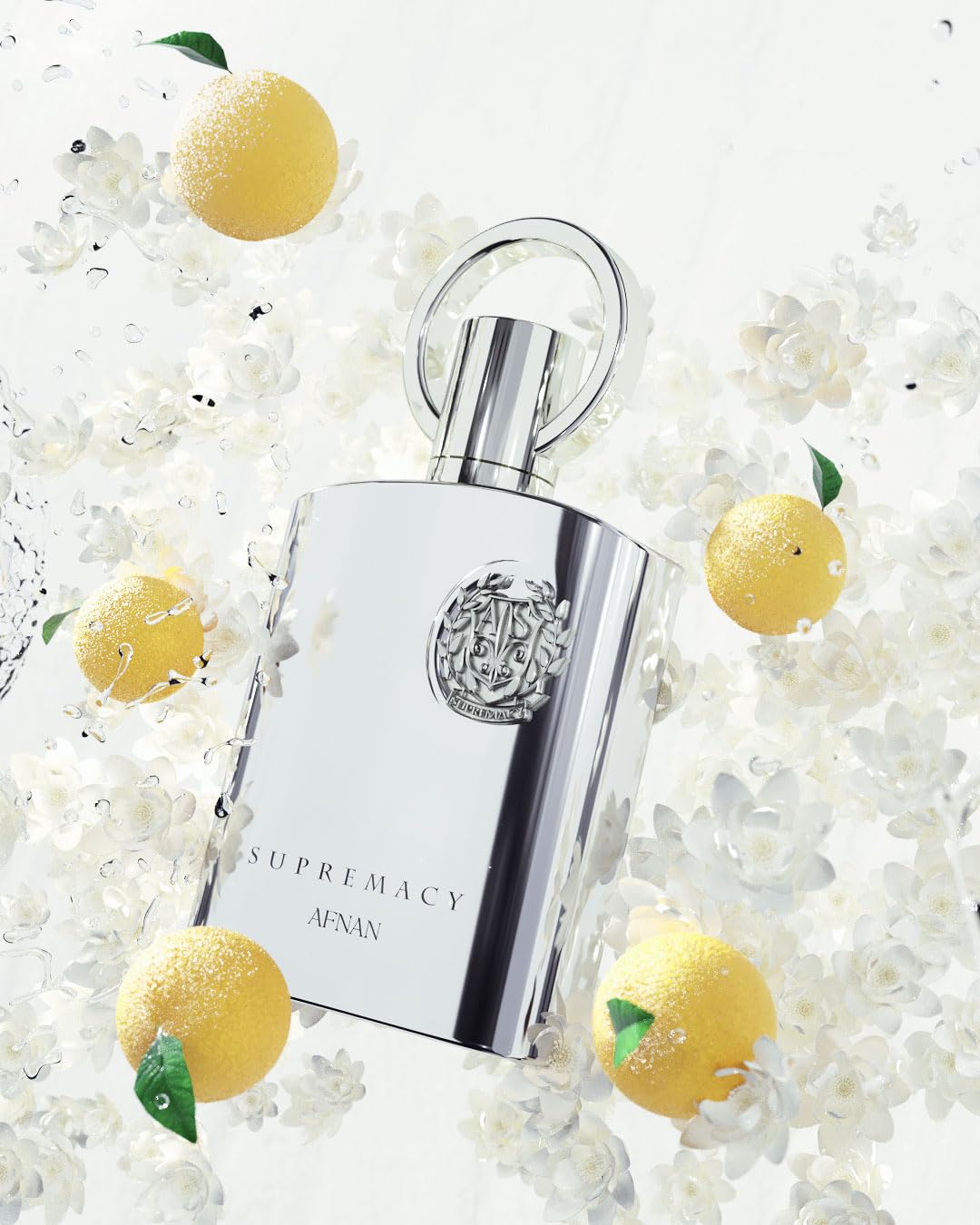 Afnan Supremacy Silver outer box with metallic accents signals luxury aroma.