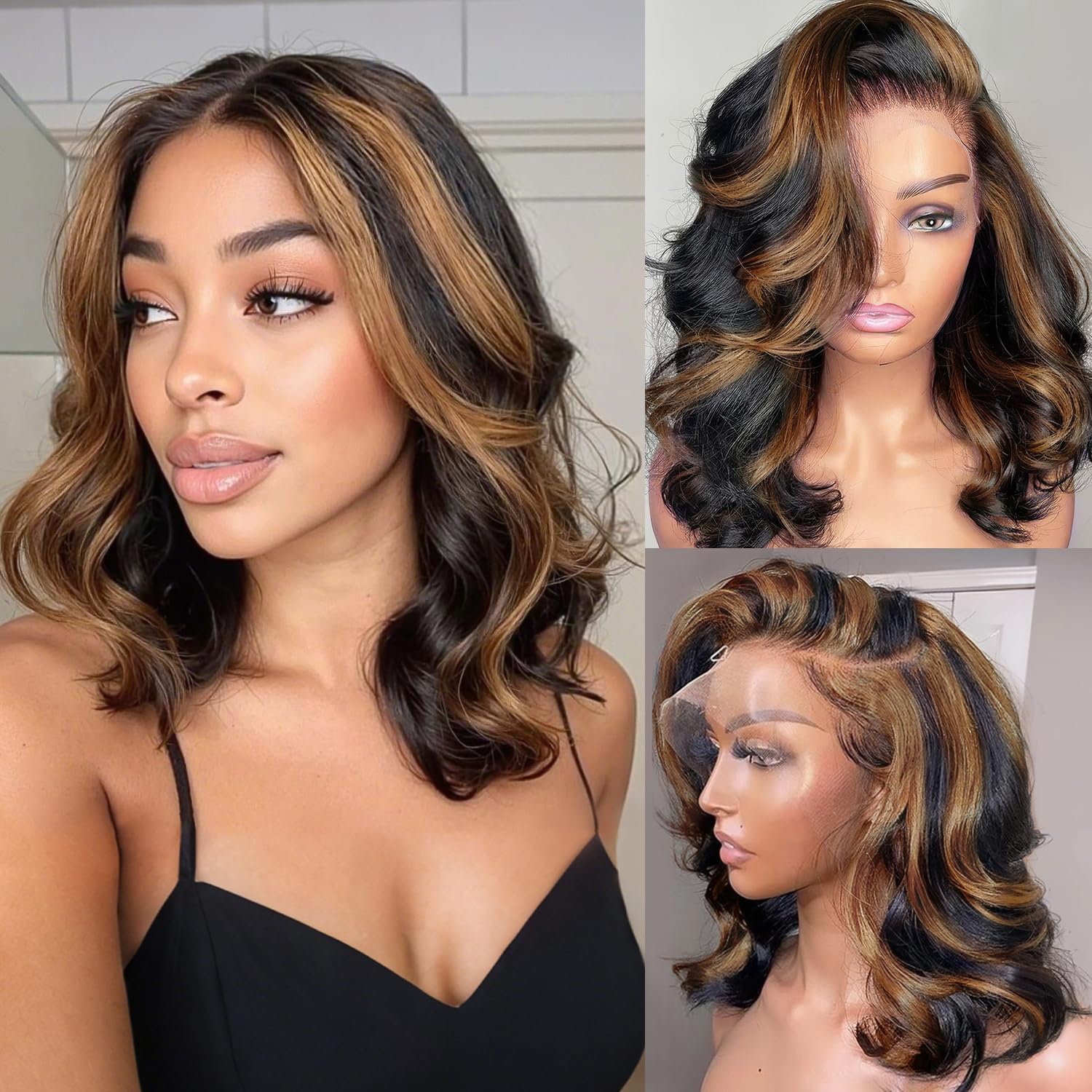 Afribye 13x6 highlight body wave lace front wig featuring natural ombre and voluminous texture.