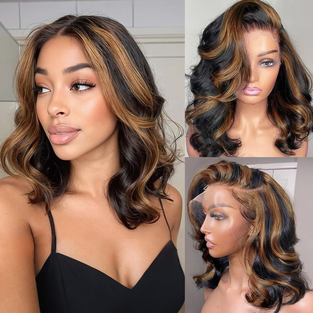 Afribye 13x6 highlight body wave lace front wig featuring natural ombre and voluminous texture.