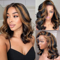 Afribye 13x6 highlight body wave lace front wig featuring natural ombre and voluminous texture.