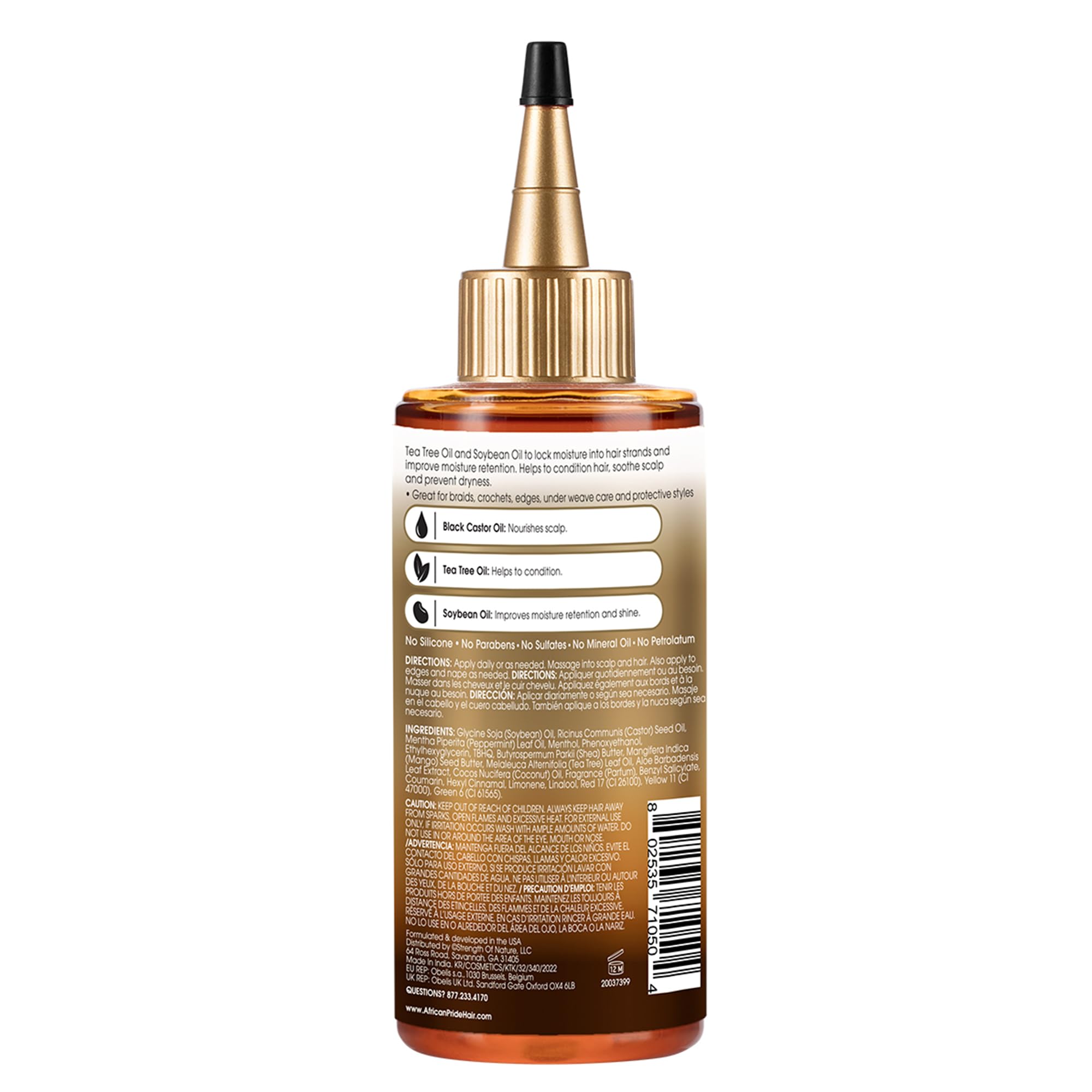 6oz packaging of African Pride Black Castor Miracle Oil ready for use.