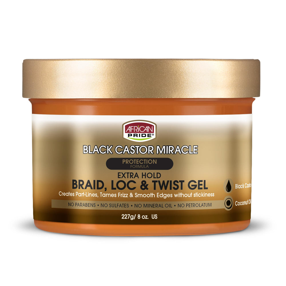 Aplicación del gel African Pride Black Castor Miracle para trenzas con control y brillo