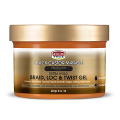 Aplicación del gel African Pride Black Castor Miracle para trenzas con control y brillo