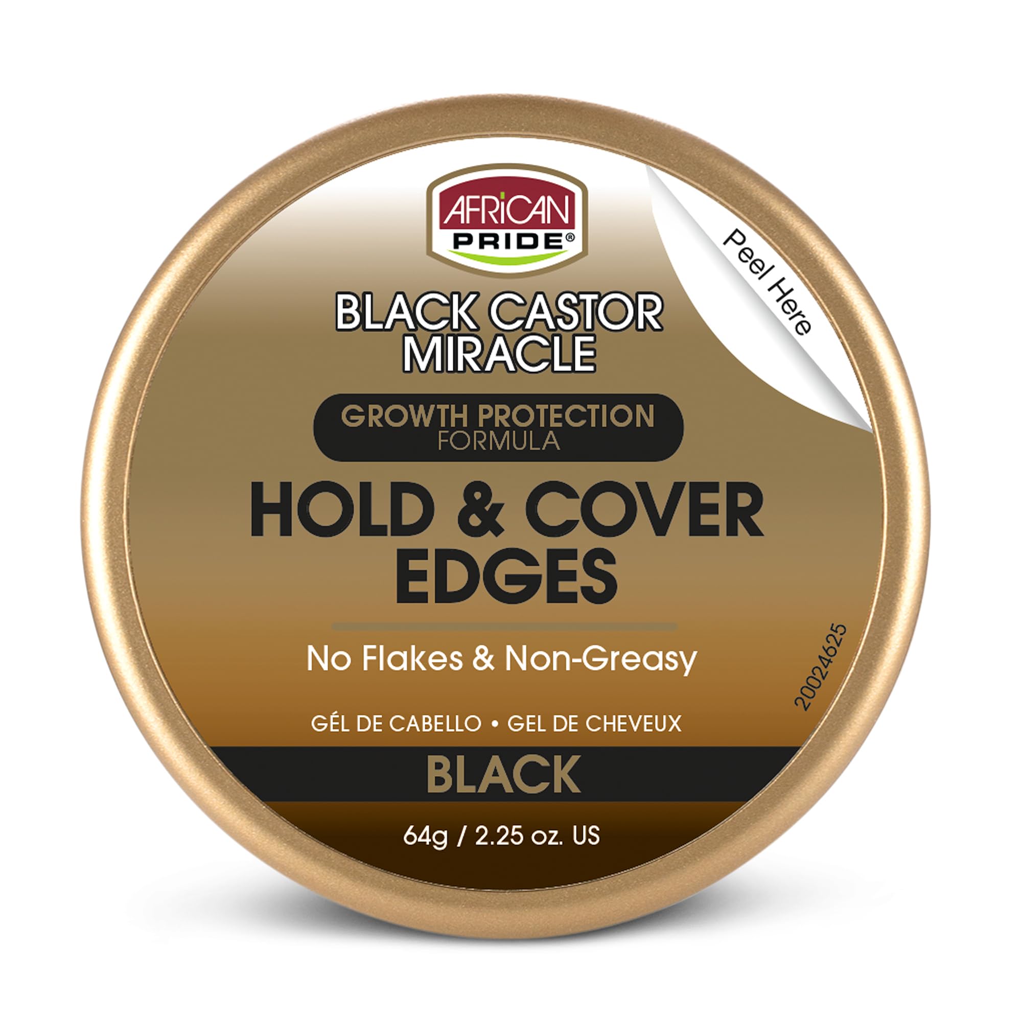 African Pride Black Castor Miracle Hold bottle shows strong edge hold for sleek edges.