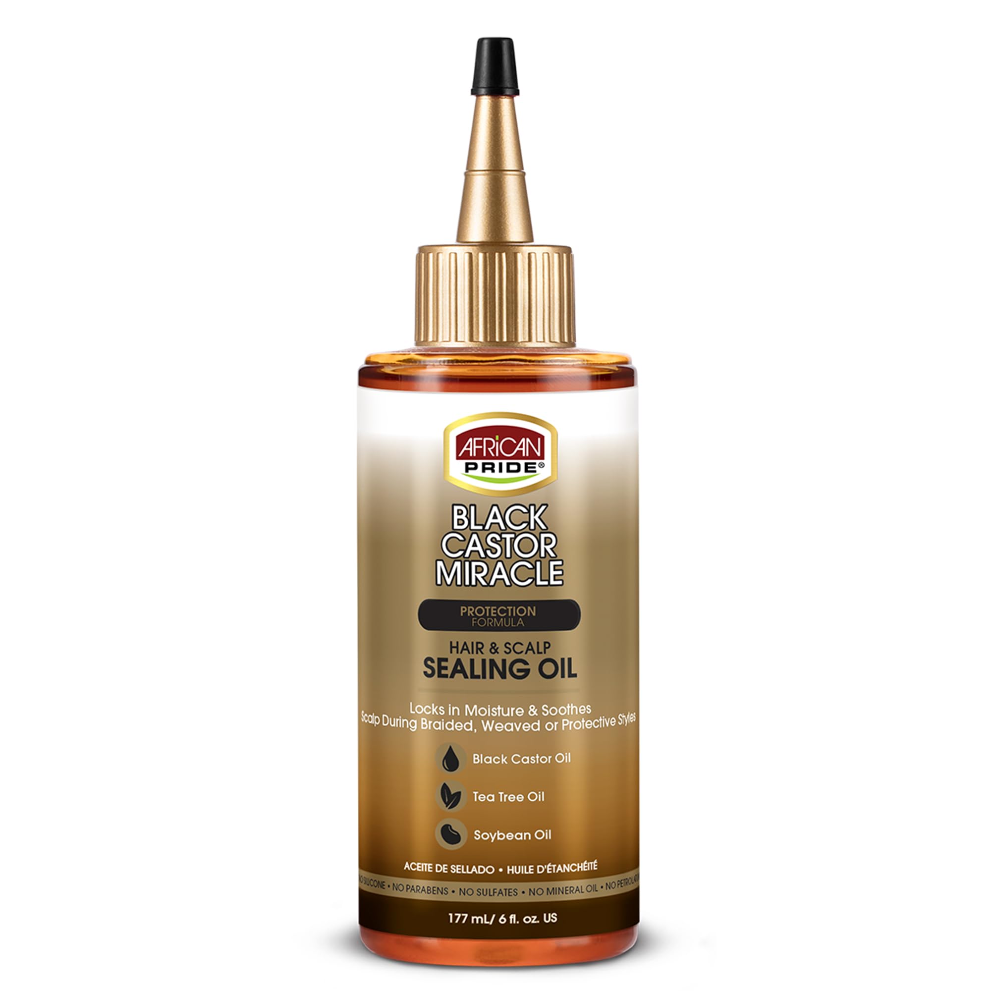 African Pride Black Castor Miracle Oil bottle demonstrating moisture locking for hair.