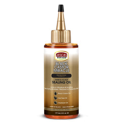 African Pride Black Castor Miracle Oil bottle demonstrating moisture locking for hair.