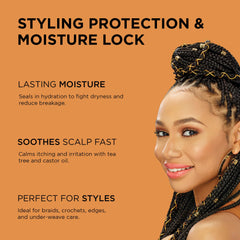 Close-up of oil being dispensed from African Pride bottle for scalp care.