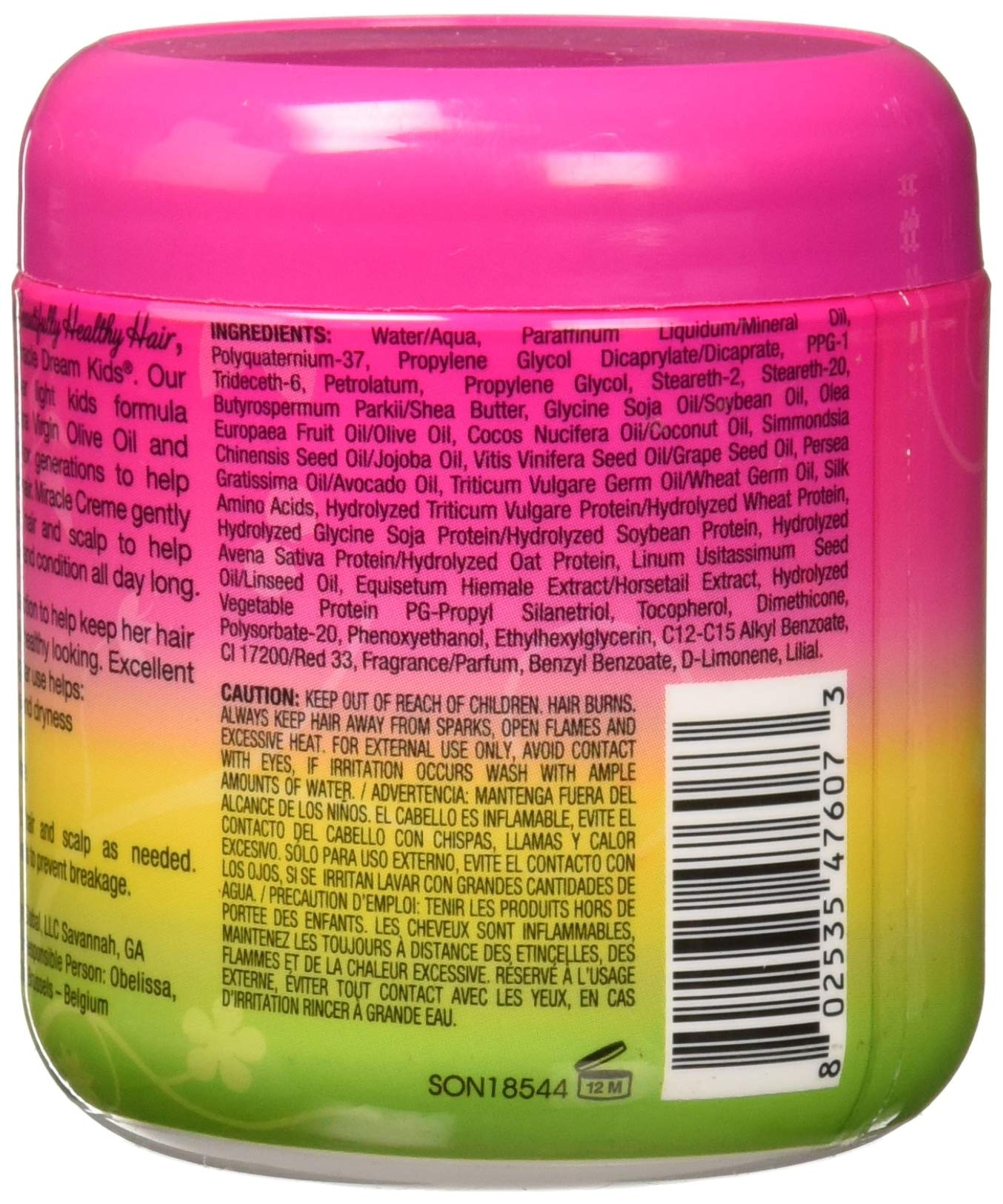 African Pride Dream Kids Olive Miracle Creme label showcases gentle, child-friendly formula.