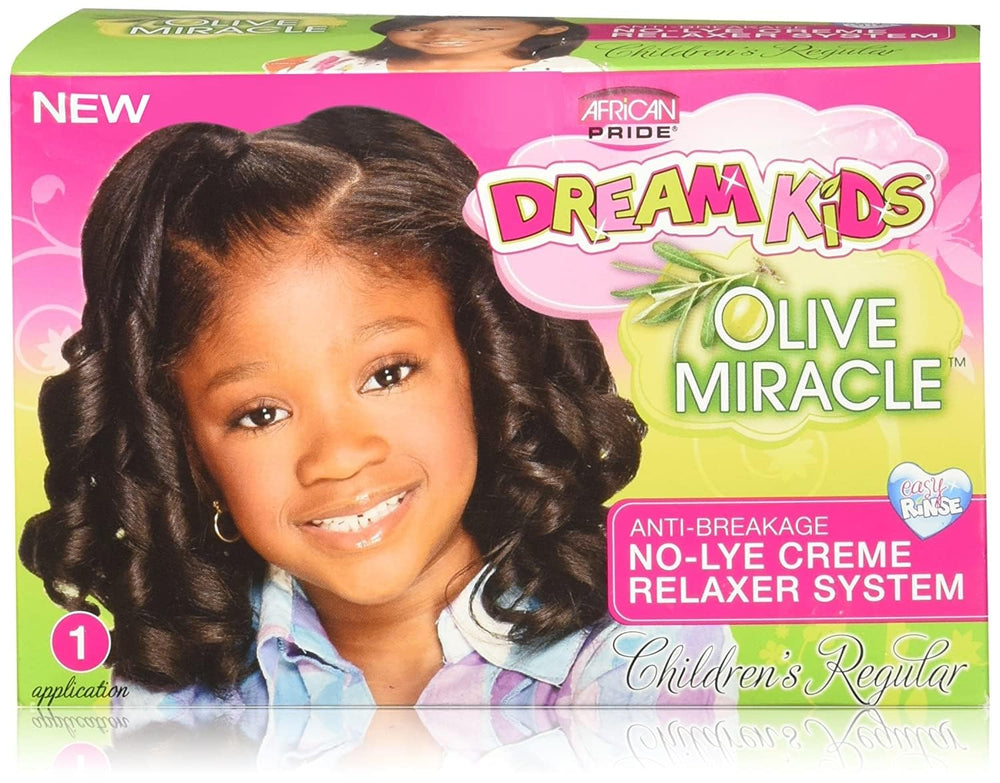 African Pride Dream Kids Olive Miracle Relaxer Kit for gentle, anti-breakage hair protection.