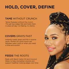 Hands applying African Pride edge control for a smooth edge line.