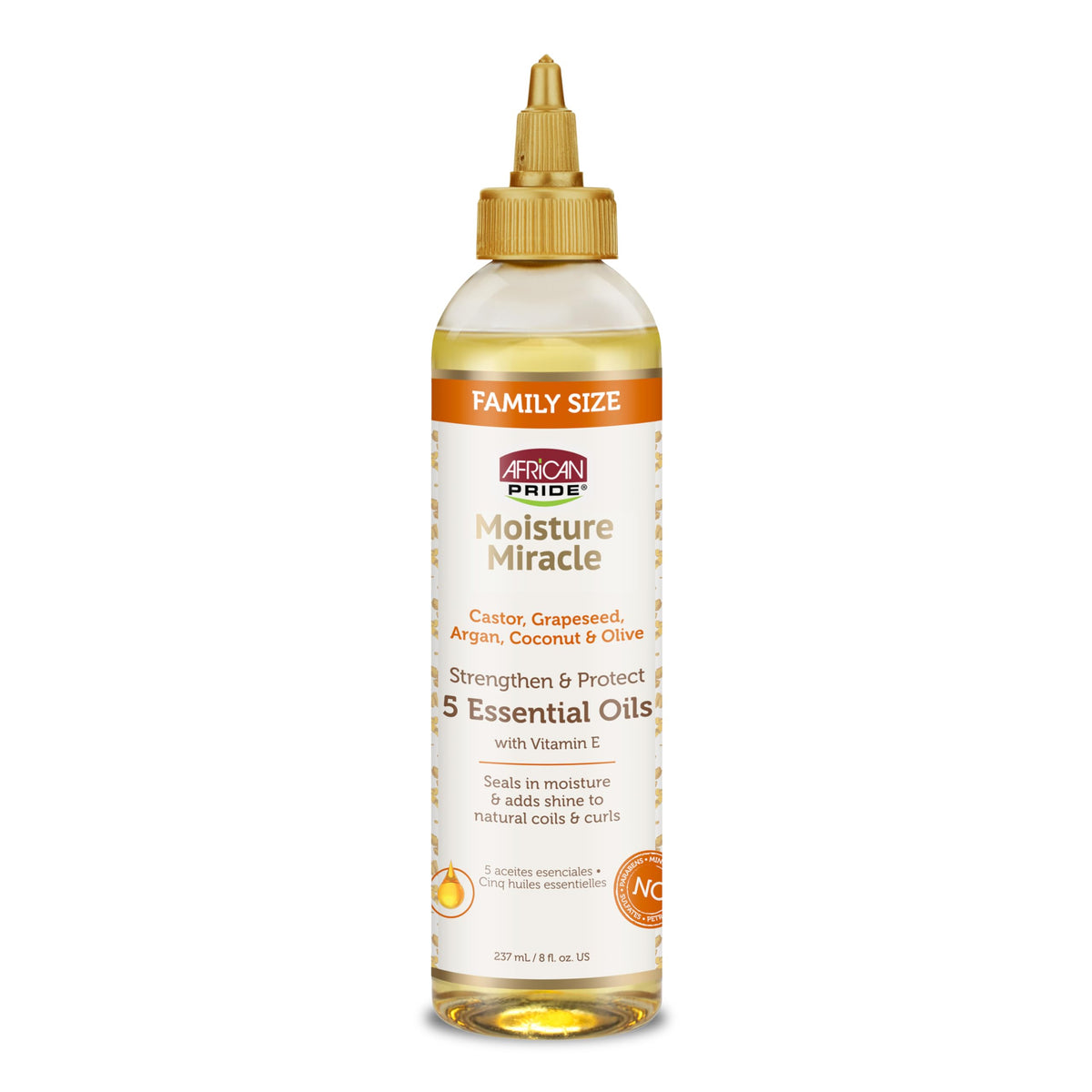 African Pride Moisture Miracle: botella de aceites esenciales para hidratación capilar.