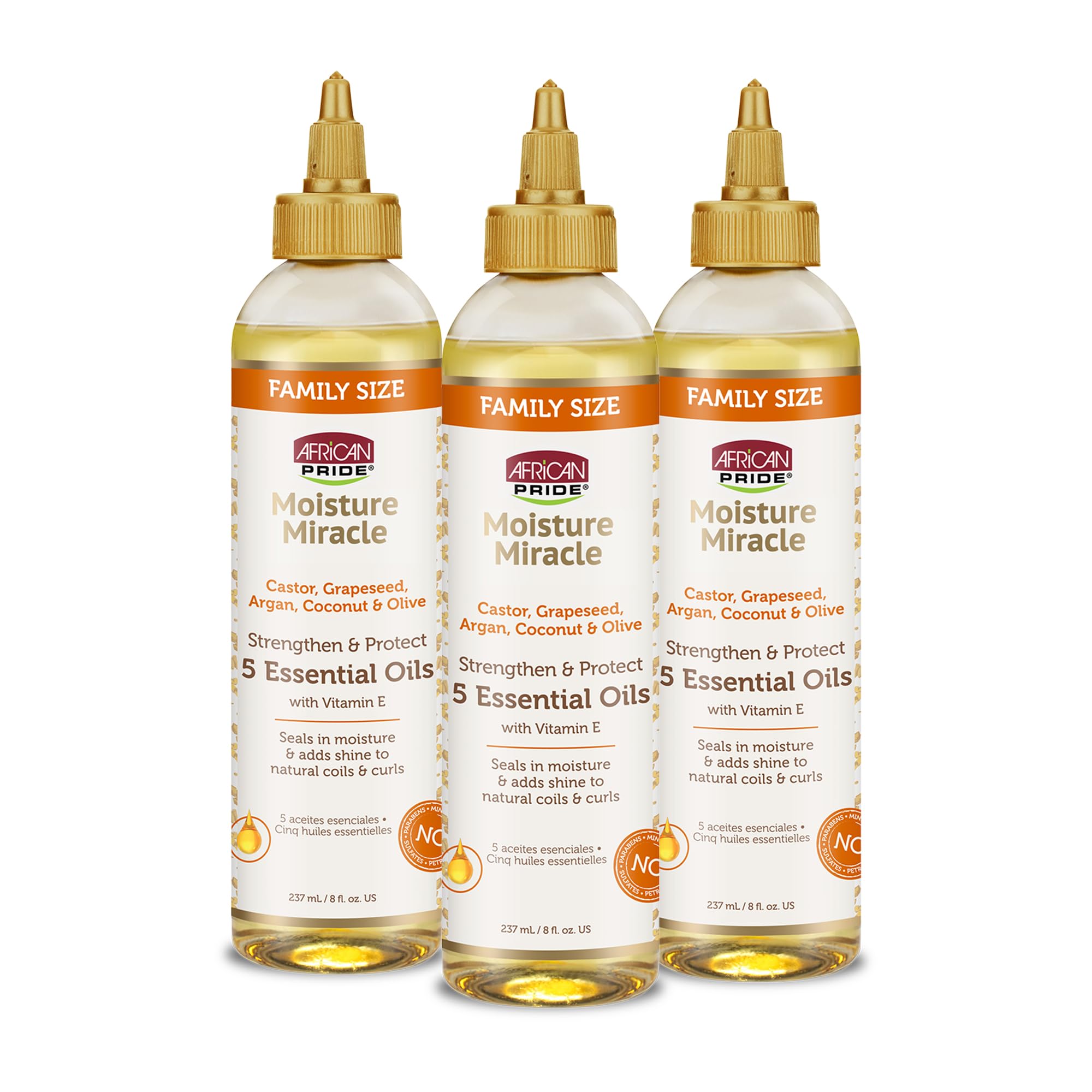 African Pride Moisture Miracle bottle shows five oil blend for nourished, shiny hair