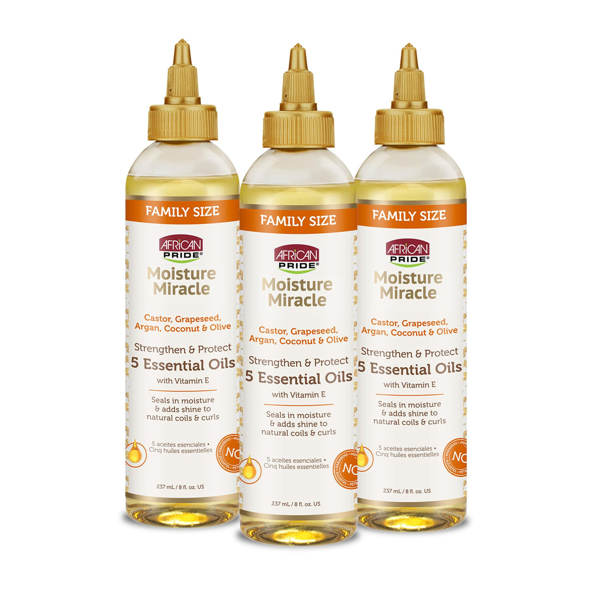 African Pride Moisture Miracle bottle shows five oil blend for nourished, shiny hair