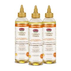 African Pride Moisture Miracle bottle shows five oil blend for nourished, shiny hair