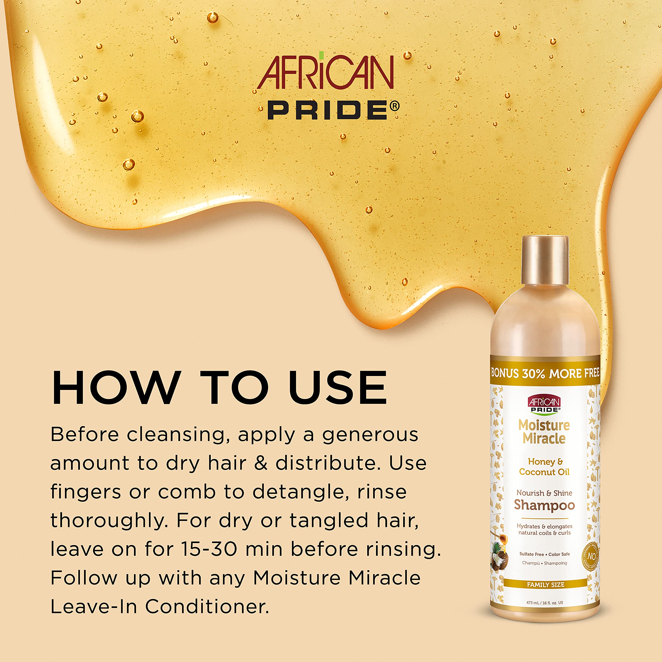 Etiqueta sin sulfatos de African Pride Moisture Miracle para un cuidado suave.