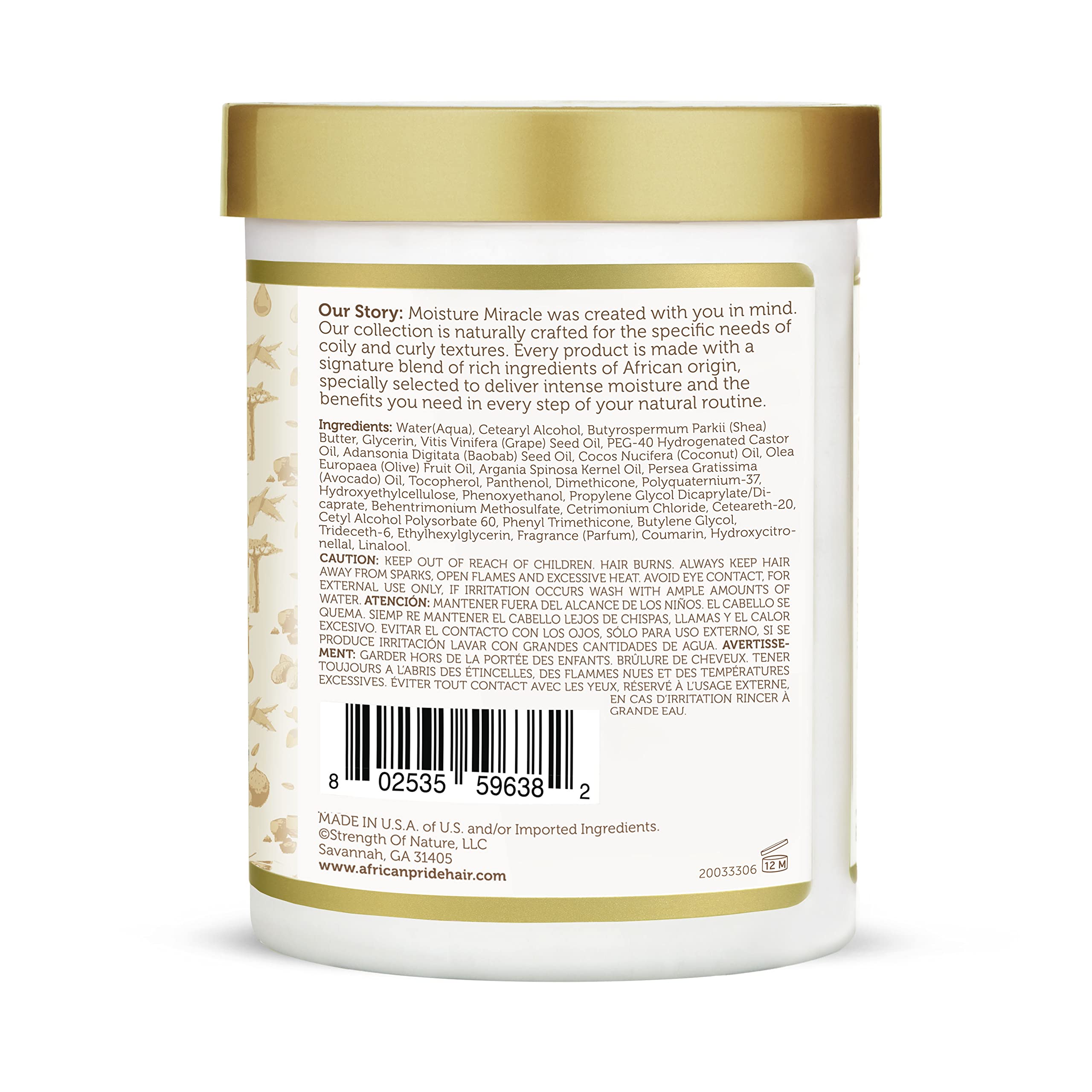 African Pride Moisture Miracle Leave-In packaging display highlights product benefits