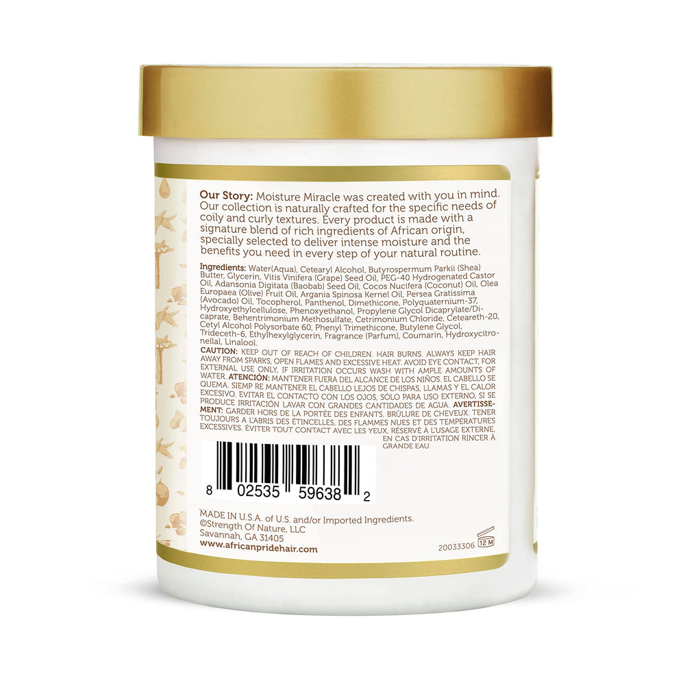 African Pride Moisture Miracle Leave-In packaging display highlights product benefits