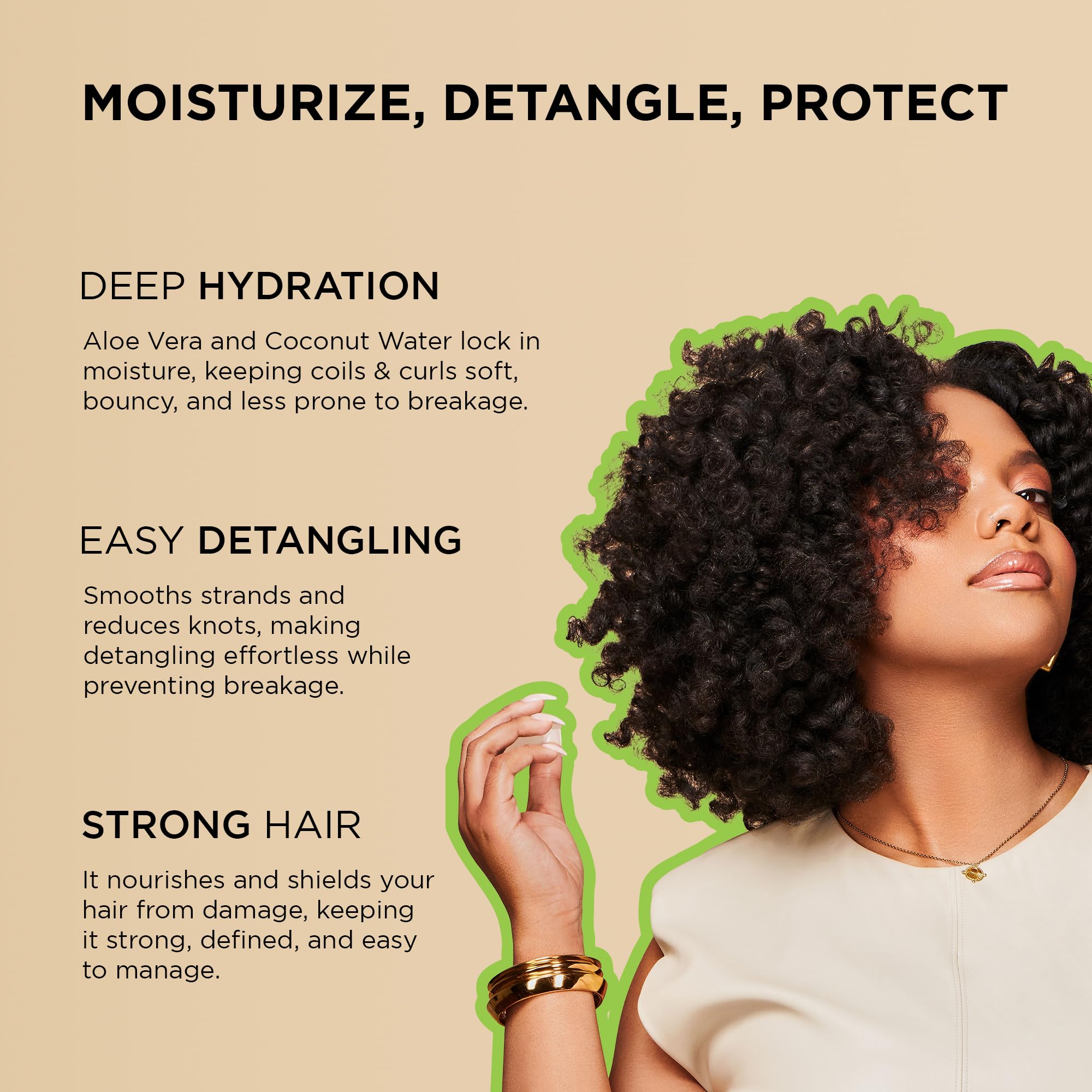 Label closeup of African Pride detangler highlighting coconut water and aloe
