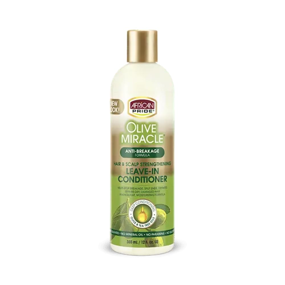 African Pride Olive Miracle Leave-in Conditioner bottle, front view, lightweight moisture for damaged hair