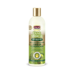 African Pride Olive Miracle Leave-in Conditioner bottle, front view, lightweight moisture for damaged hair