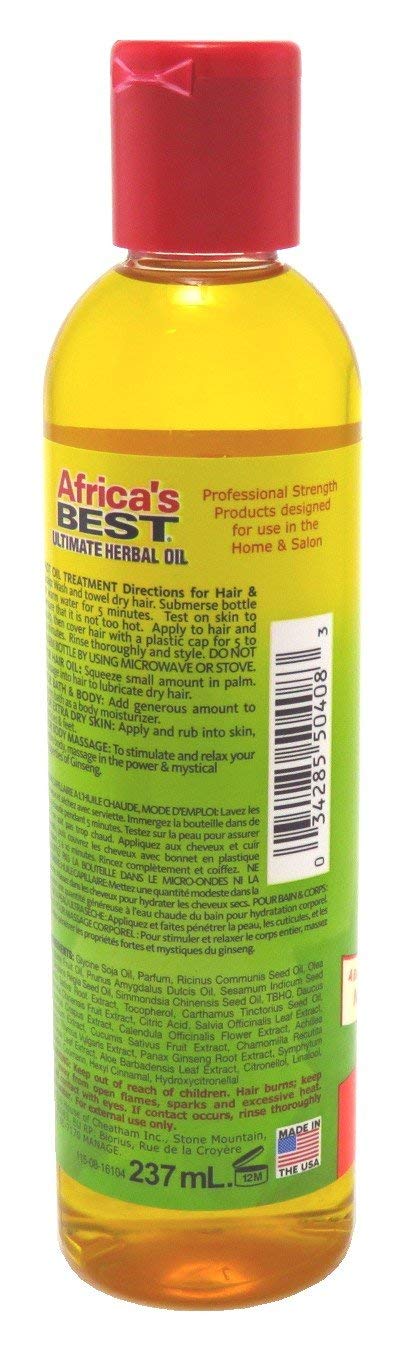 Africa's Best Aceite Herbal etiqueta frontal muestra la mezcla nutritiva.