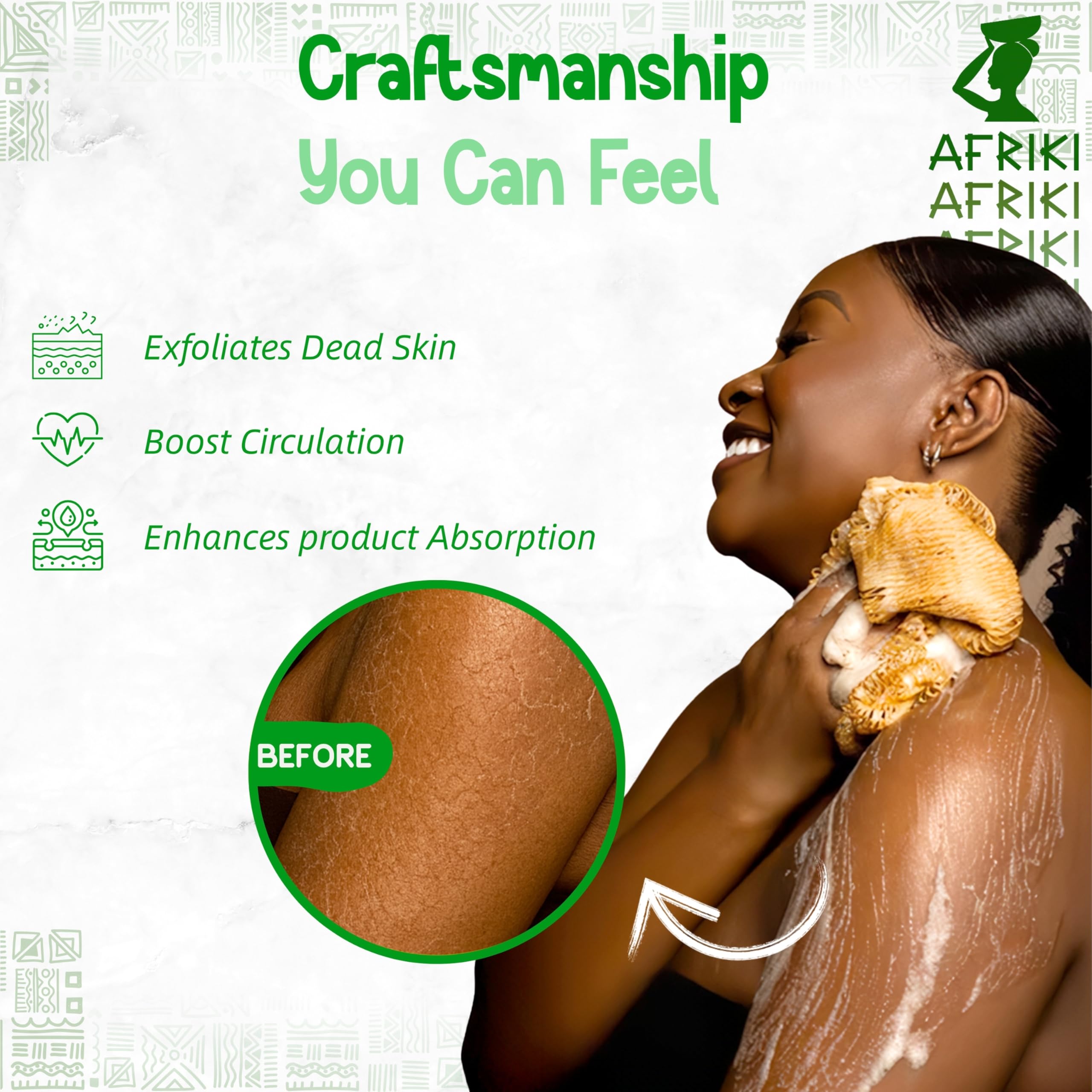 AFRIKI African Net Sponge extended 45-inch length helps reach back and legs.