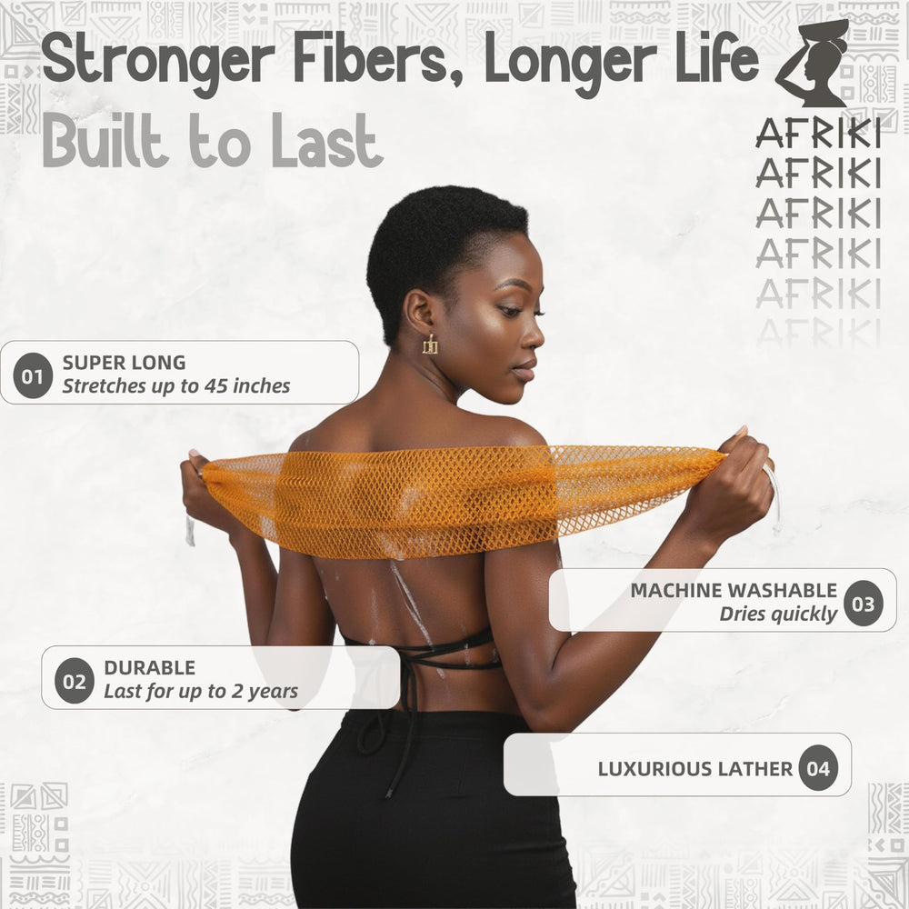 AFRIKI African Net Sponge made of durable material for lasting shower exfoliation.