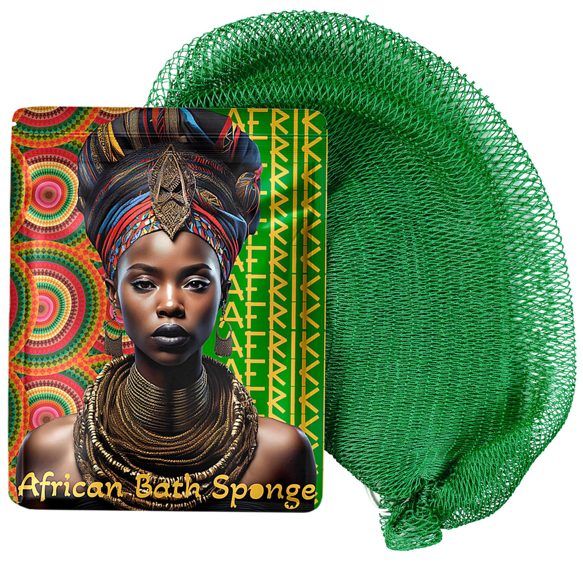 AFRIKI African Net Sponge emerald green texture for gentle exfoliation during showers.