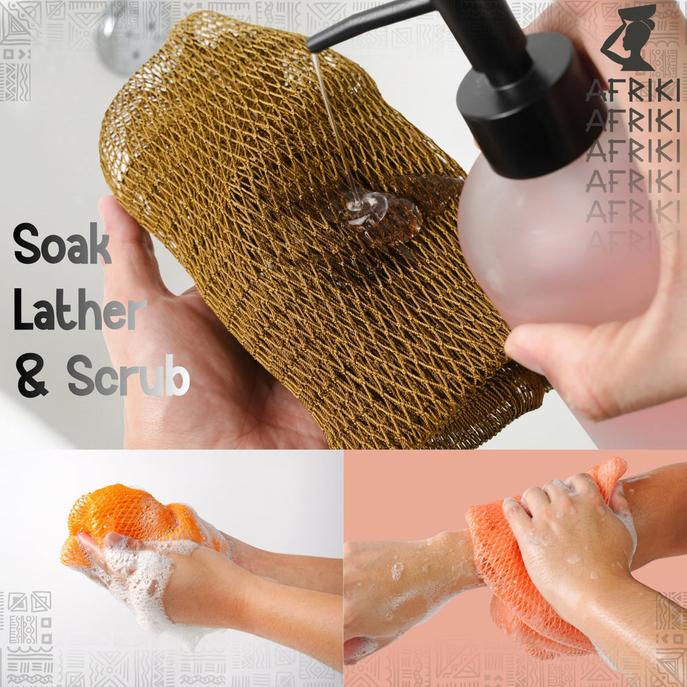 AFRIKI bath sponge air-dries after use for quick-dry benefits.