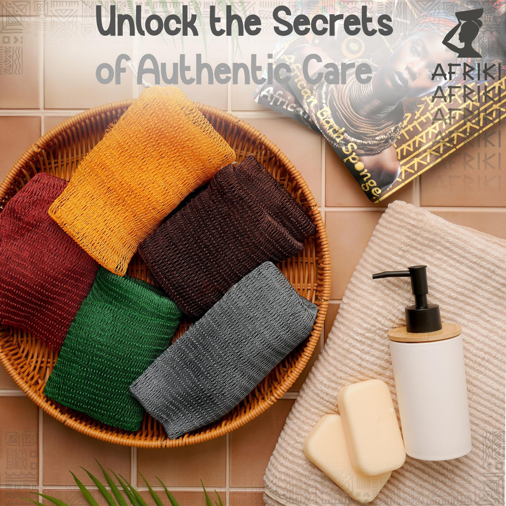 AFRIKI exfoliating sponge shown in bath setting as a thoughtful self-care gift.
