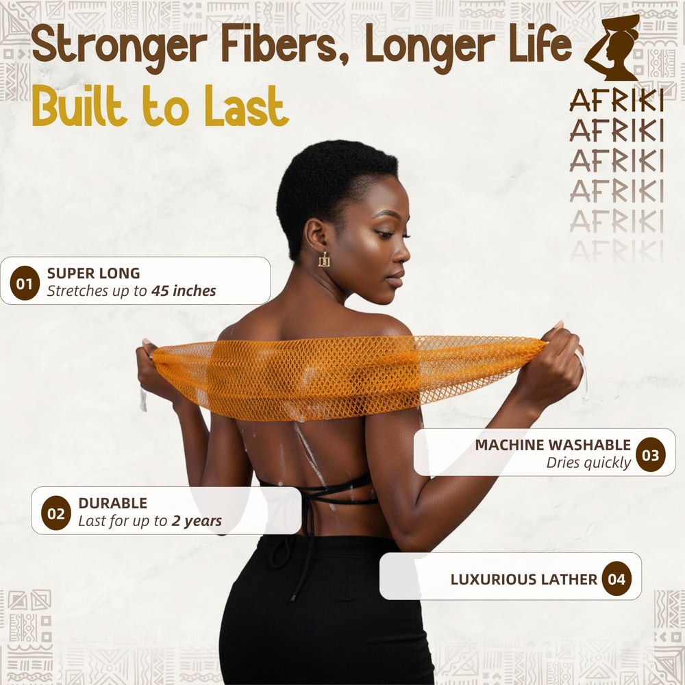 Esponja AFRIKI hecha de poliéster lavable a máquina para mayor comodidad en duchas.