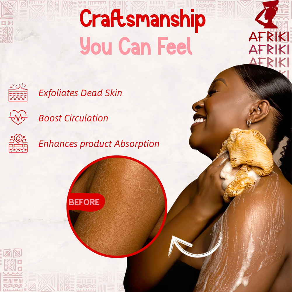 AFRIKI exfoliating net sponge bath scrubber for a refreshed shower experience.