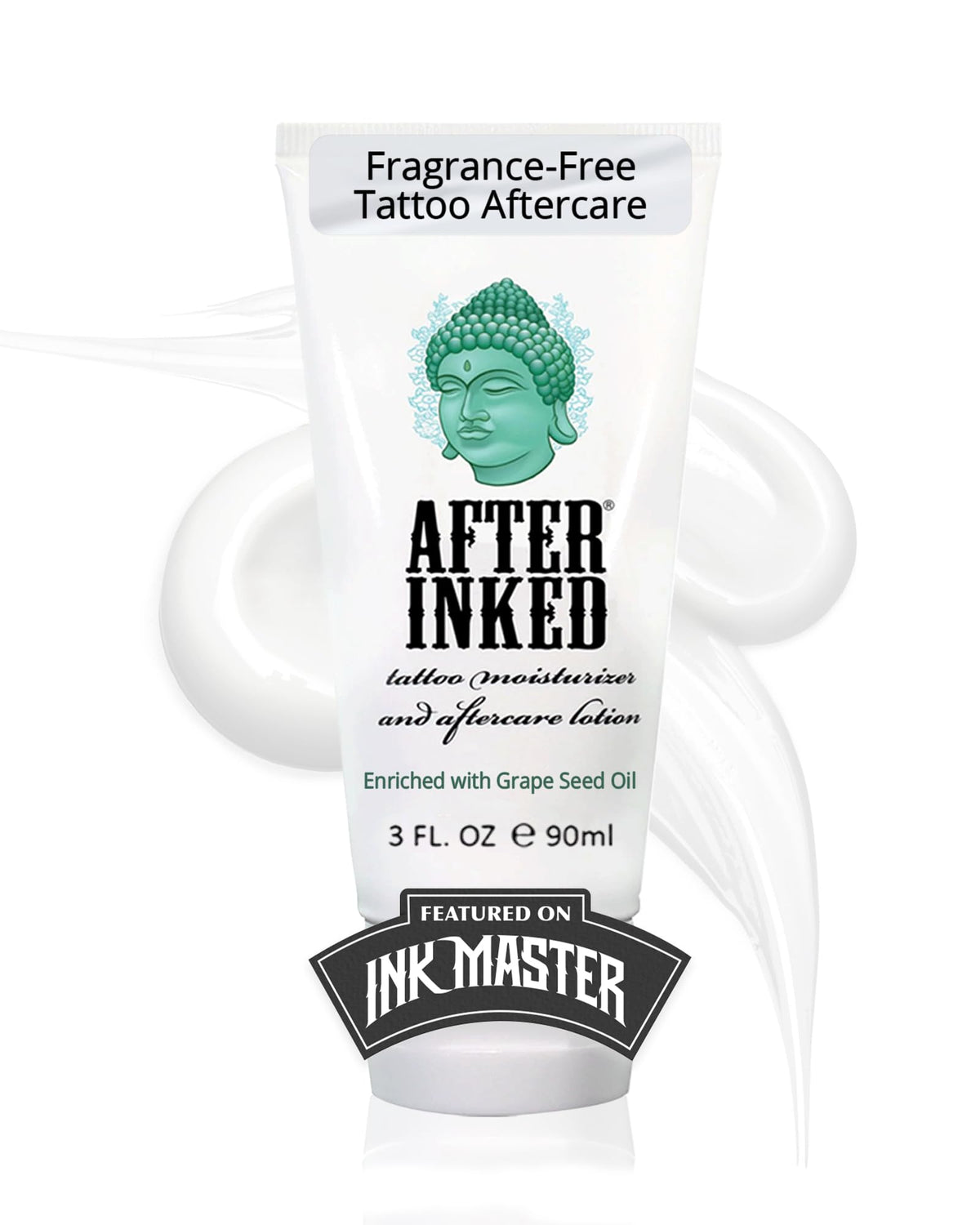 After Inked tattoo lotion bottle highlighting hydration for vibrant ink.