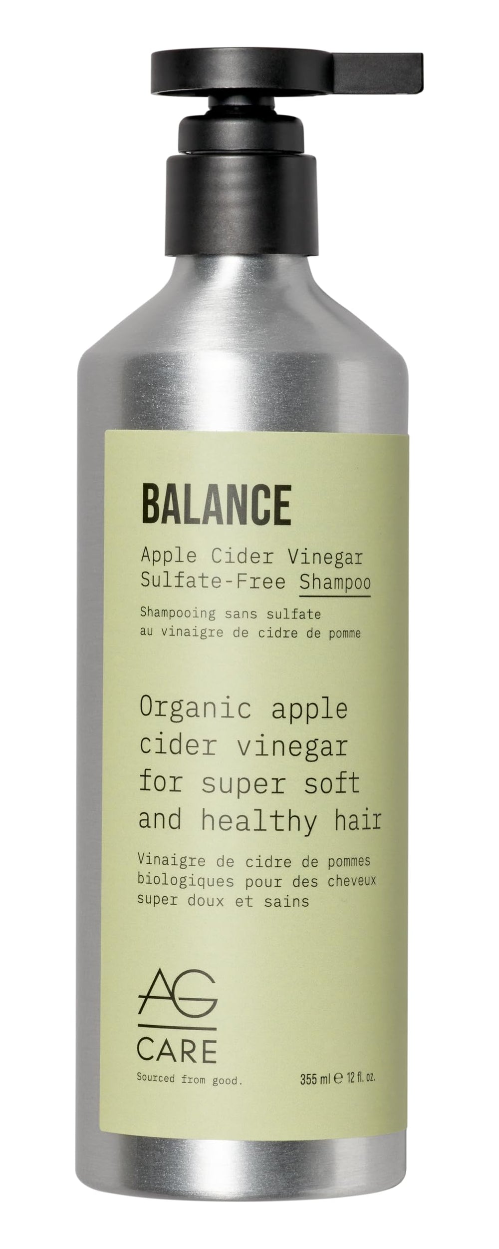 AG Care Balance Apple Cider Vinegar Shampoo bottle demonstrates gentle, sulfate-free cleansing.