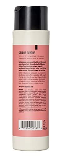 Close-up of Colour Savour label indicating sulfate-free, gentle cleansing