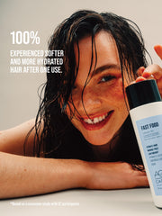 Creamy texture on hair suggests gentle, hydrating care for thick strands.