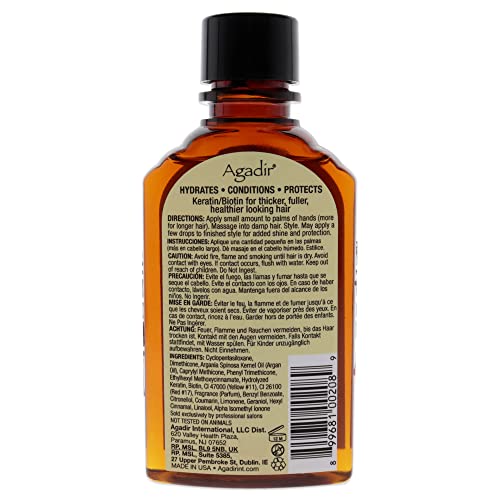 Agadir Argan Oil Hair Treatment ingredients close-up shows pure argan oil benefits.