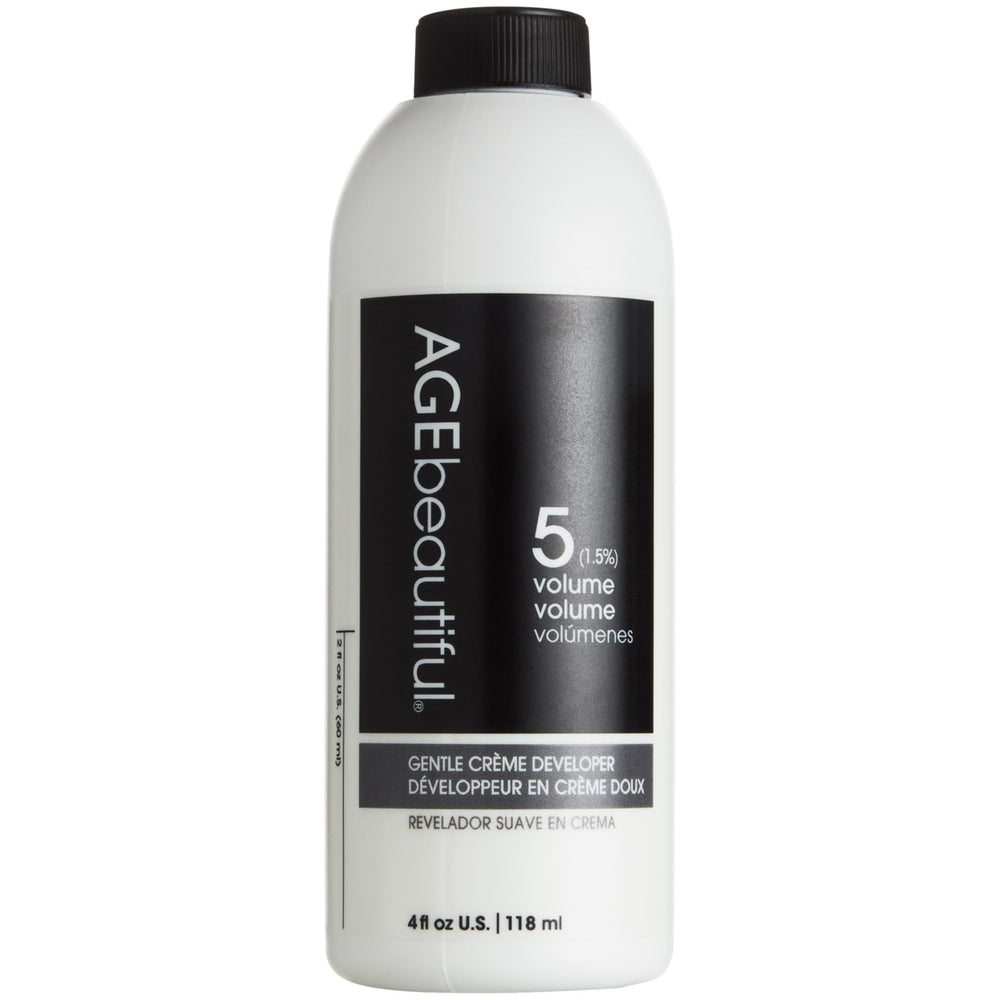 AGE beautiful 5-volume gentle creme developer bottle showing creamy texture for even color coverage