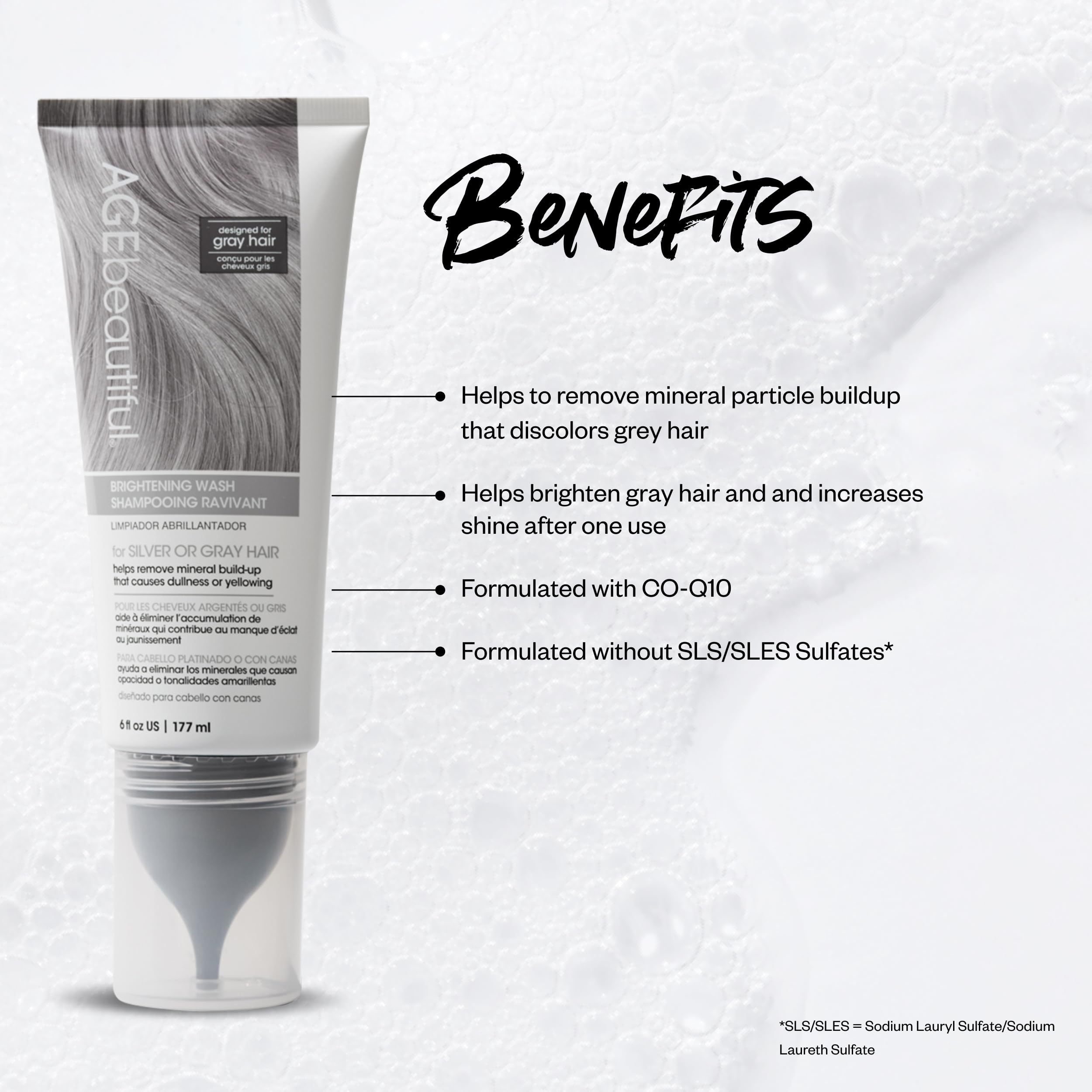 AGE beautiful ayuda a eliminar acumulación mineral y contaminación que descolora el cabello gris.